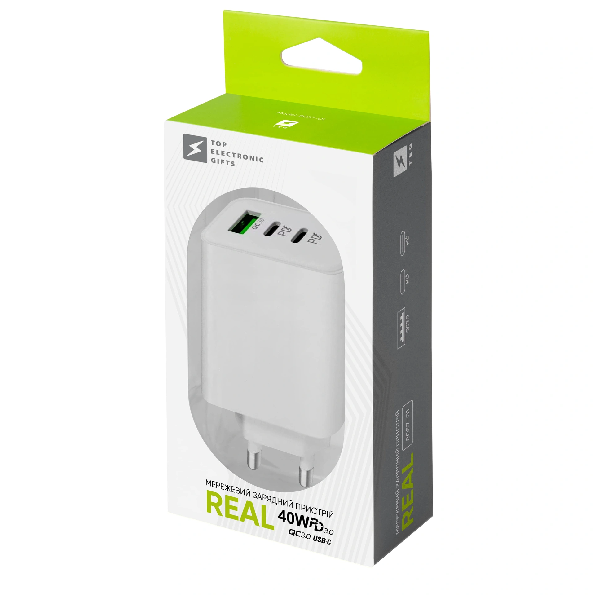 Мережевий зарядний пристрій 40W Real, TM TEG - білий