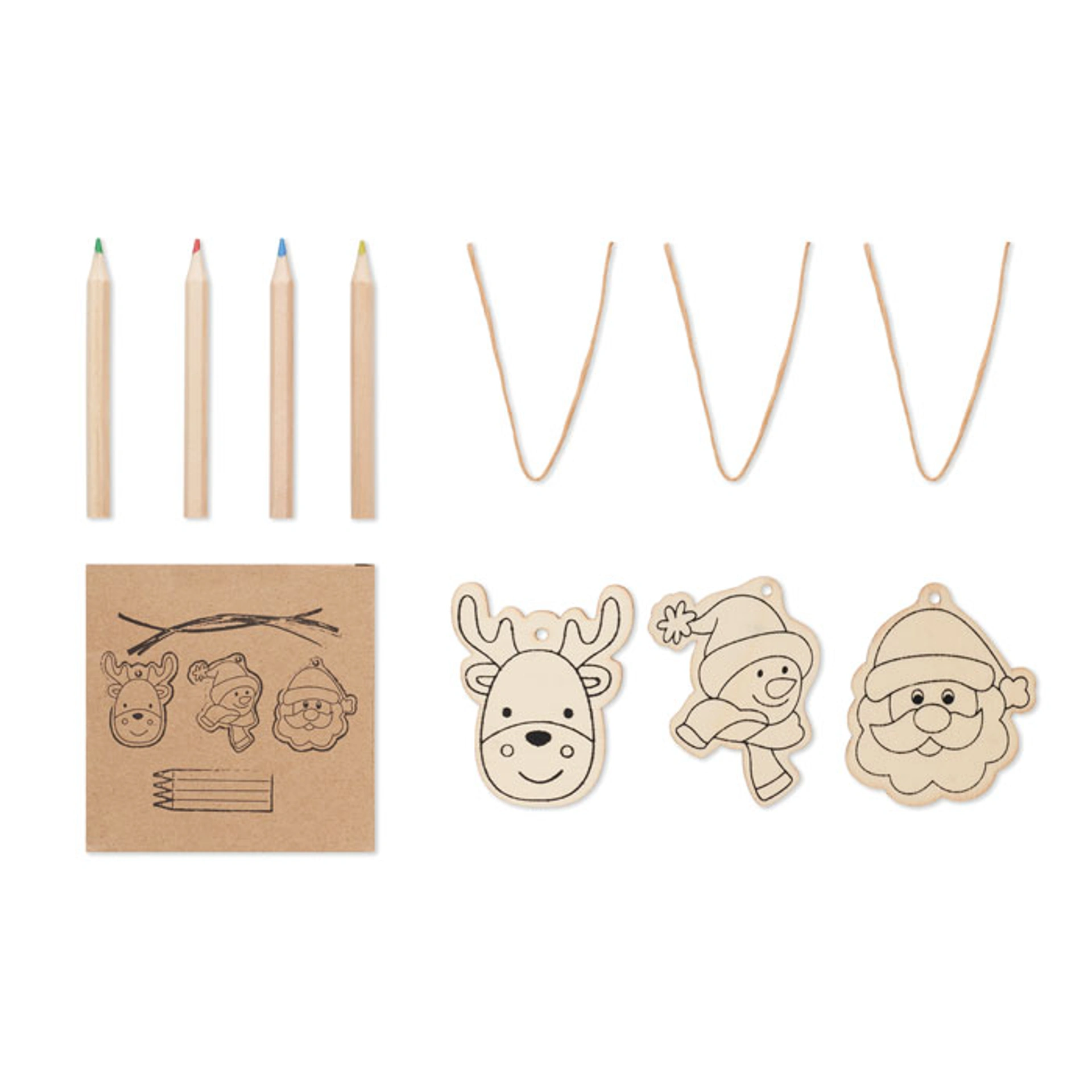 Set of 3 New Year's decorations and 4 colored pencils, FUNCOOL, 9x9 cm - Дерев'яний