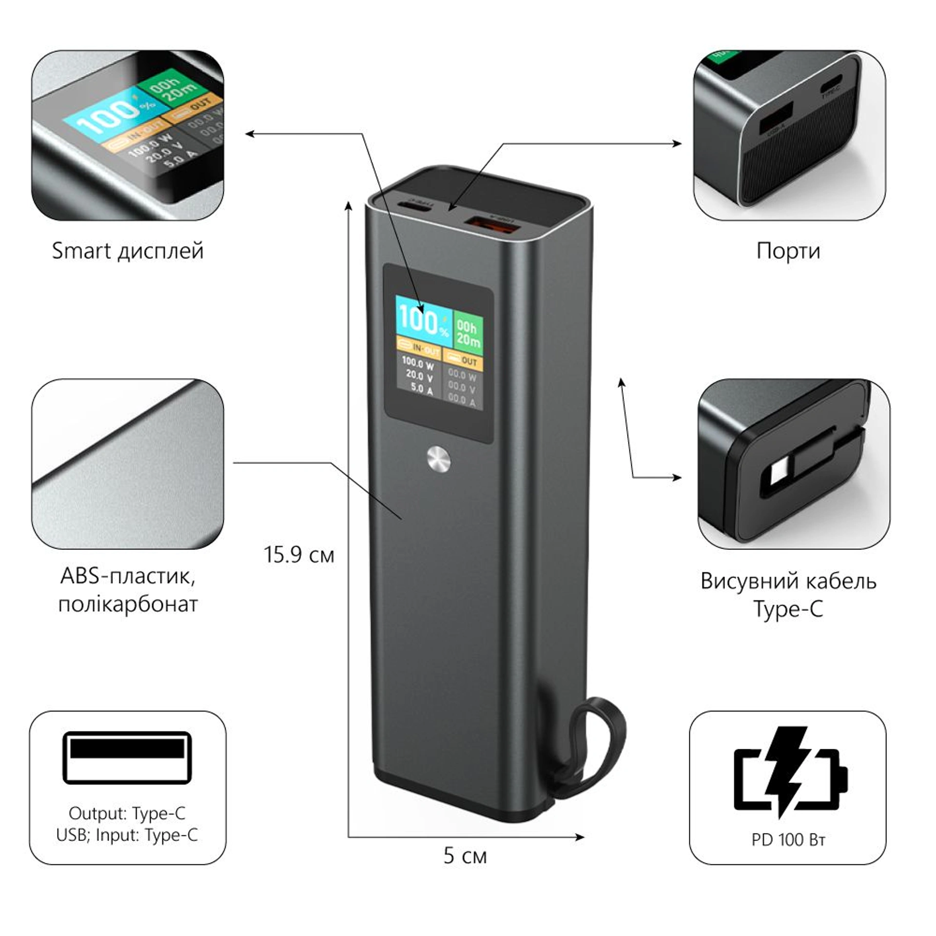 Повербанк 20000 mAh TheGeneral Amp, цифровий індикатор - Графітовий