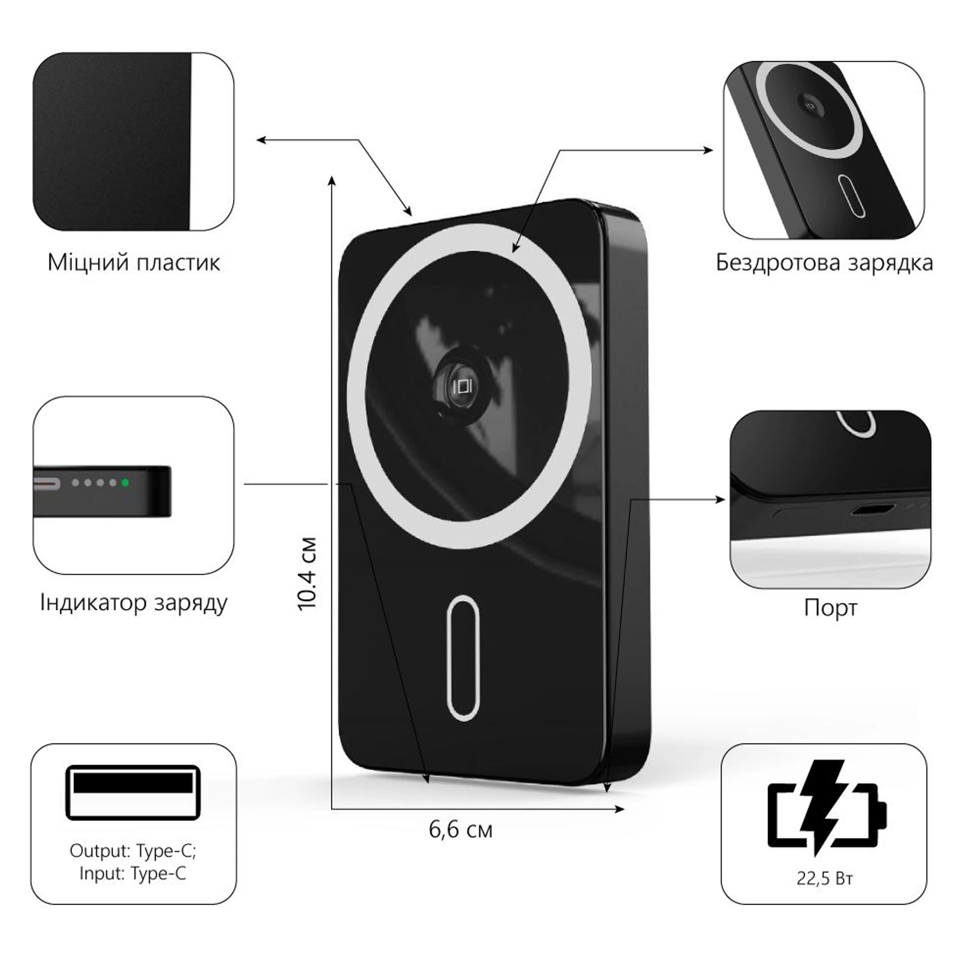 Повербанк 10000 mAh TheGeneral Alive, бездротова зарядка 15W, цифровий індикатор - Чорний