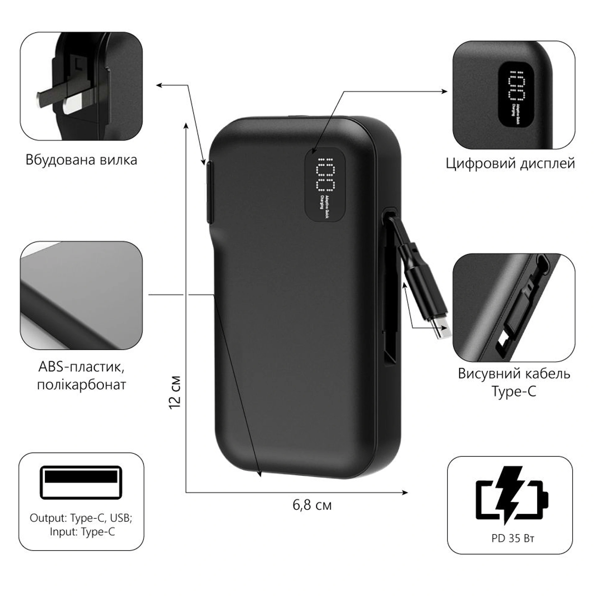 Повербанк 10000 mAh TheGeneral Zeno, цифровий індикатор - Чорний