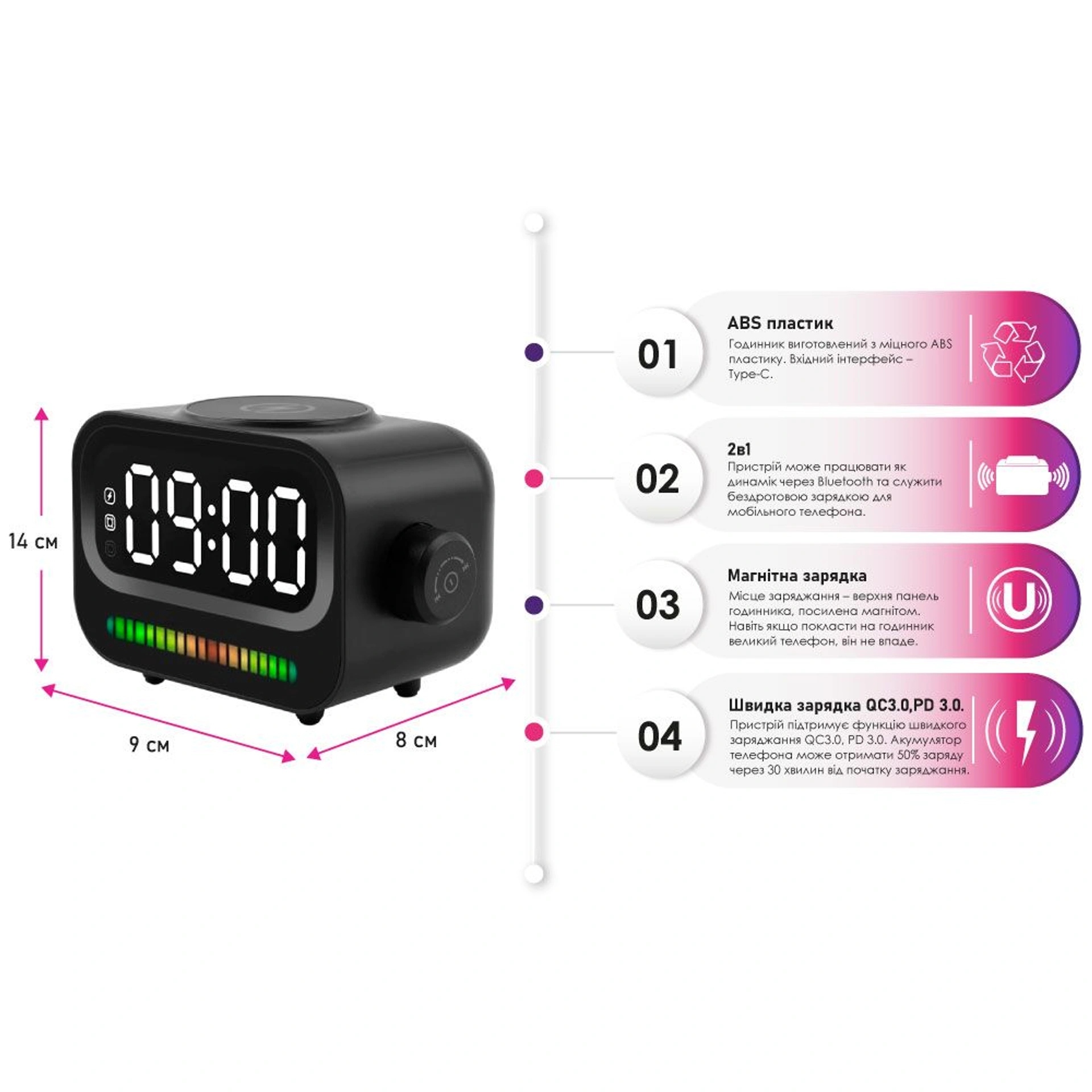 Портативна колонка-годинник TheGeneral RapidFlow 5W з бездротовим зарядним пристроєм 15W - Чорний