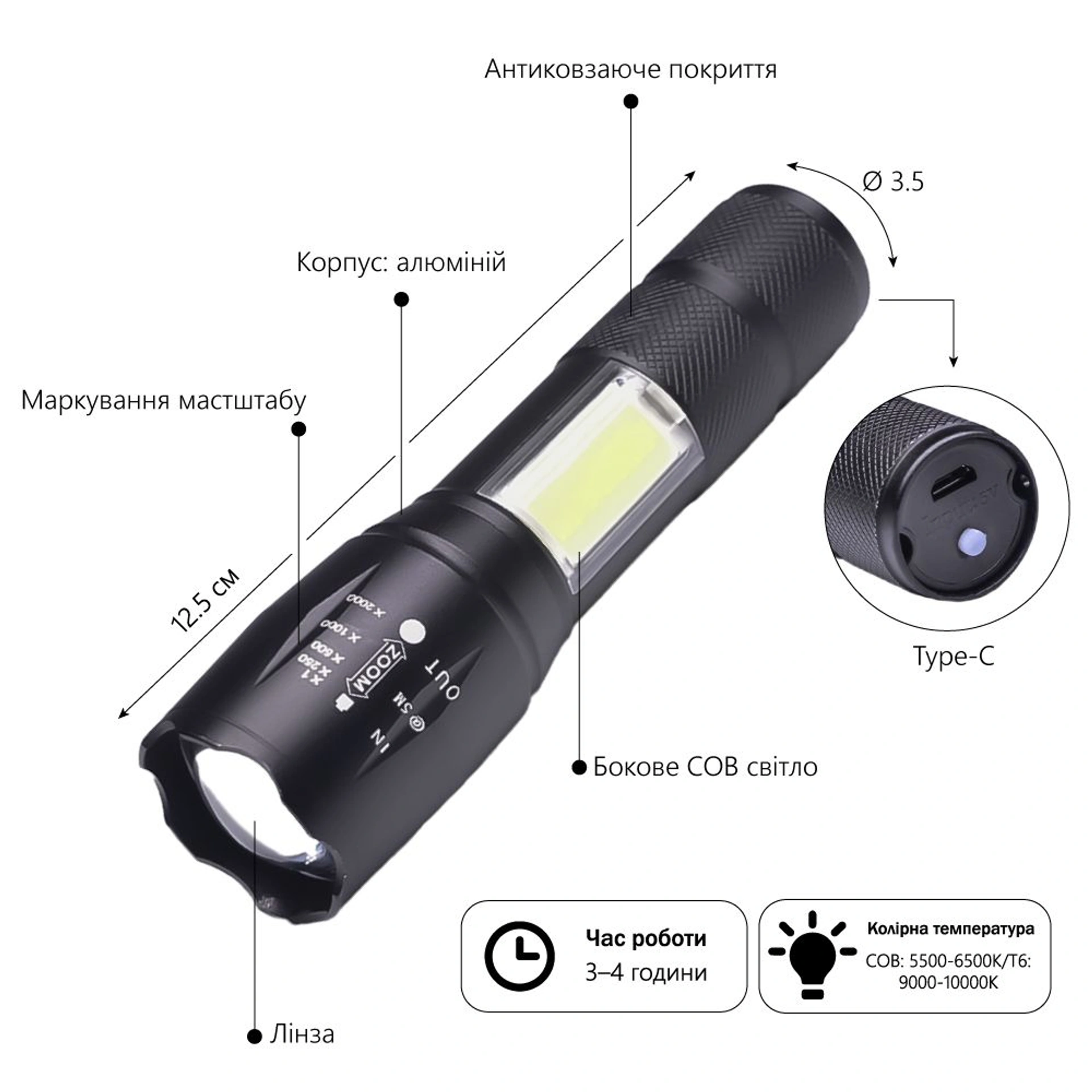 Ліхтарик акумуляторний TheGeneral Velox з боковим COB light - Чорний