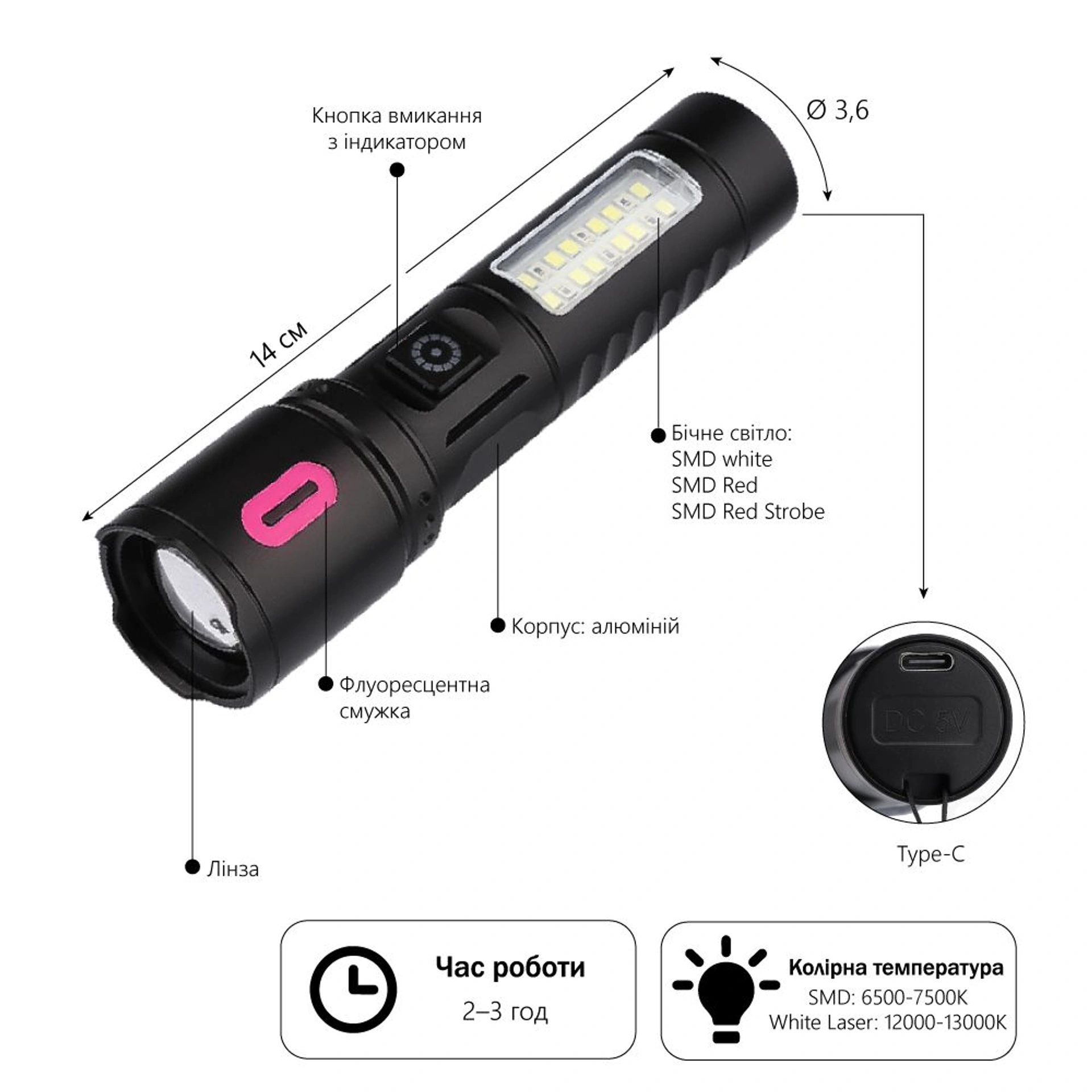 Ліхтарик акумуляторний TheGeneral Lumix з боковим COB light - Чорний