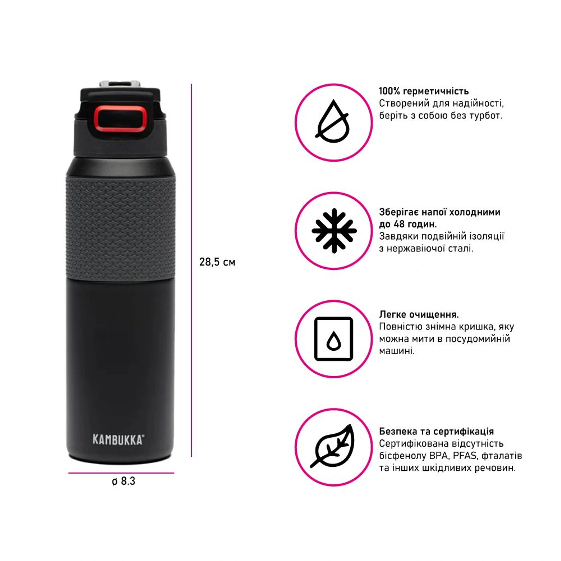 Термопляшка 1 л сталева Kambukka Elton Insulated, вакуумна - Чорний