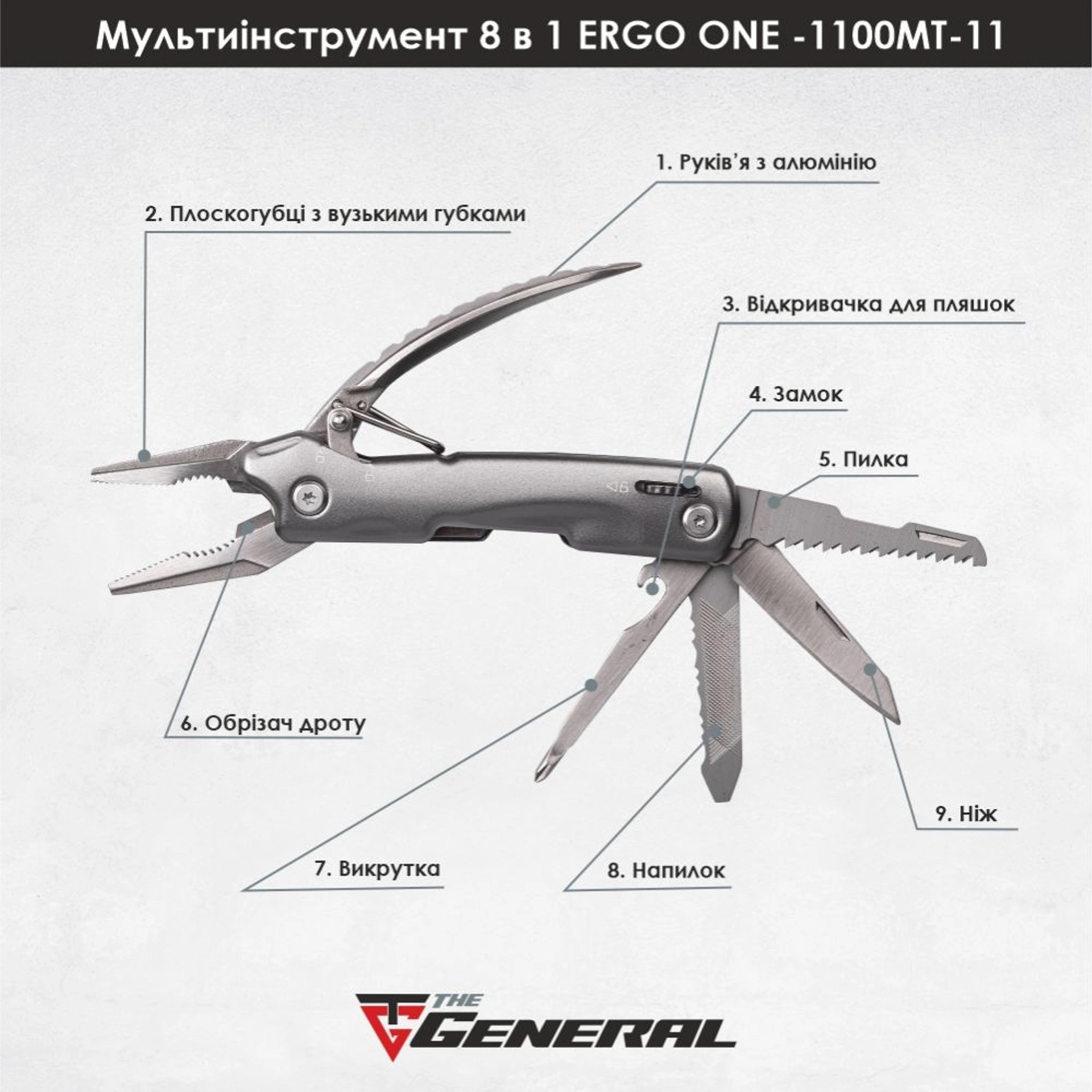 Мультитул 8в1 TheGeneral Ergo One, 145 мм, в чохлі - Графітовий