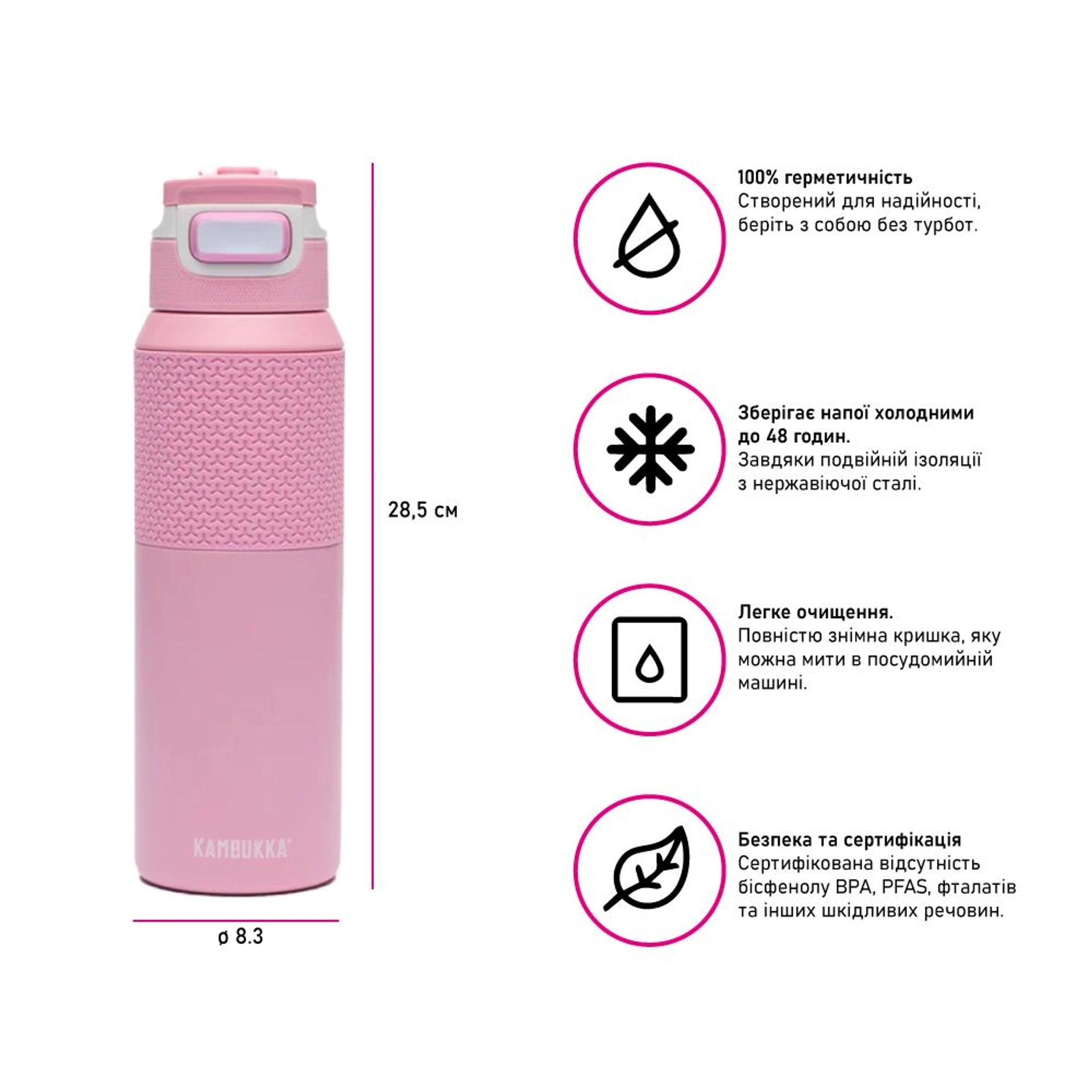 Термопляшка 1 л сталева Kambukka Elton Insulated, вакуумна - Рожевий