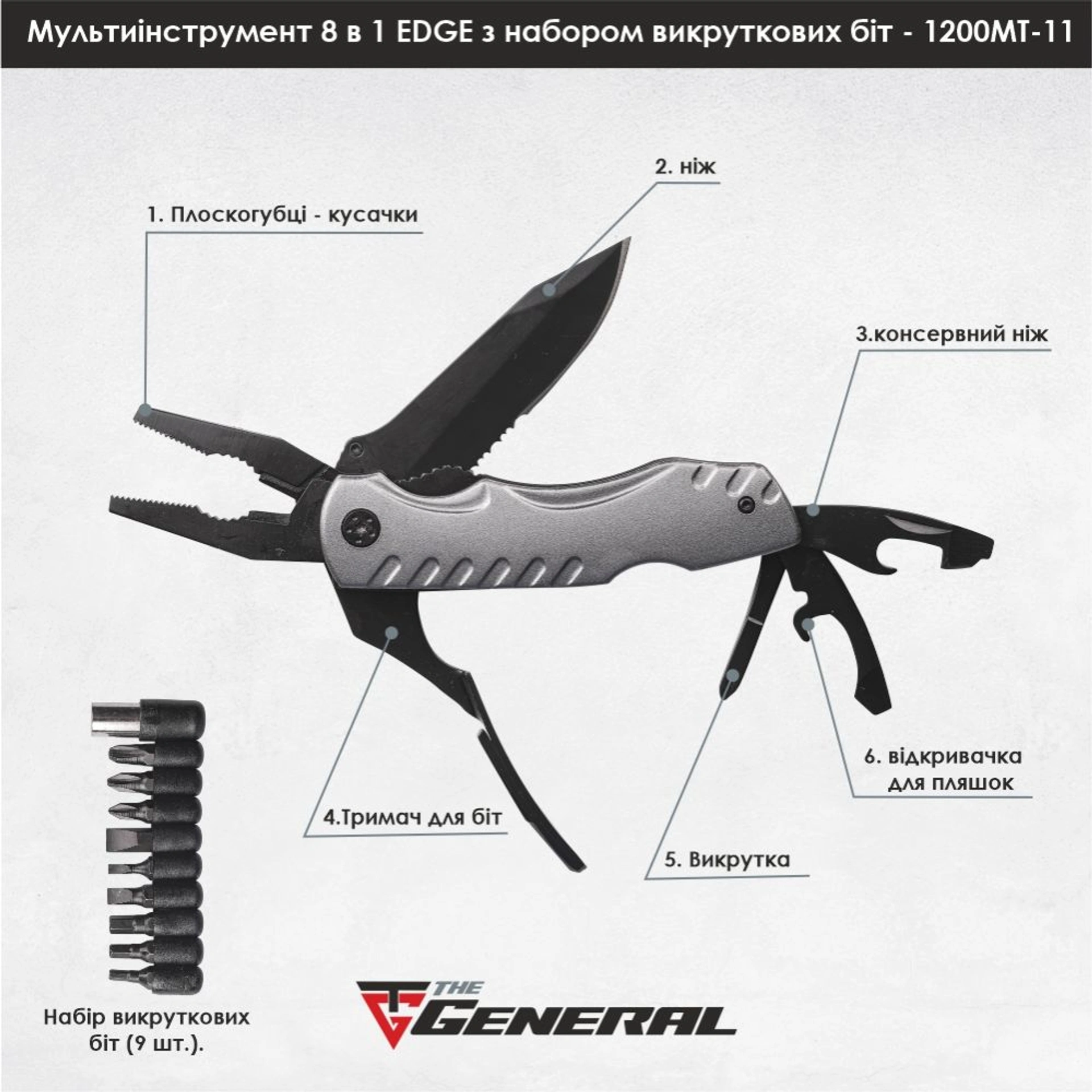 Мультитул 8в1 TheGeneral Edge з набором викруткових біт, 110 мм, в чохлі - Графітовий