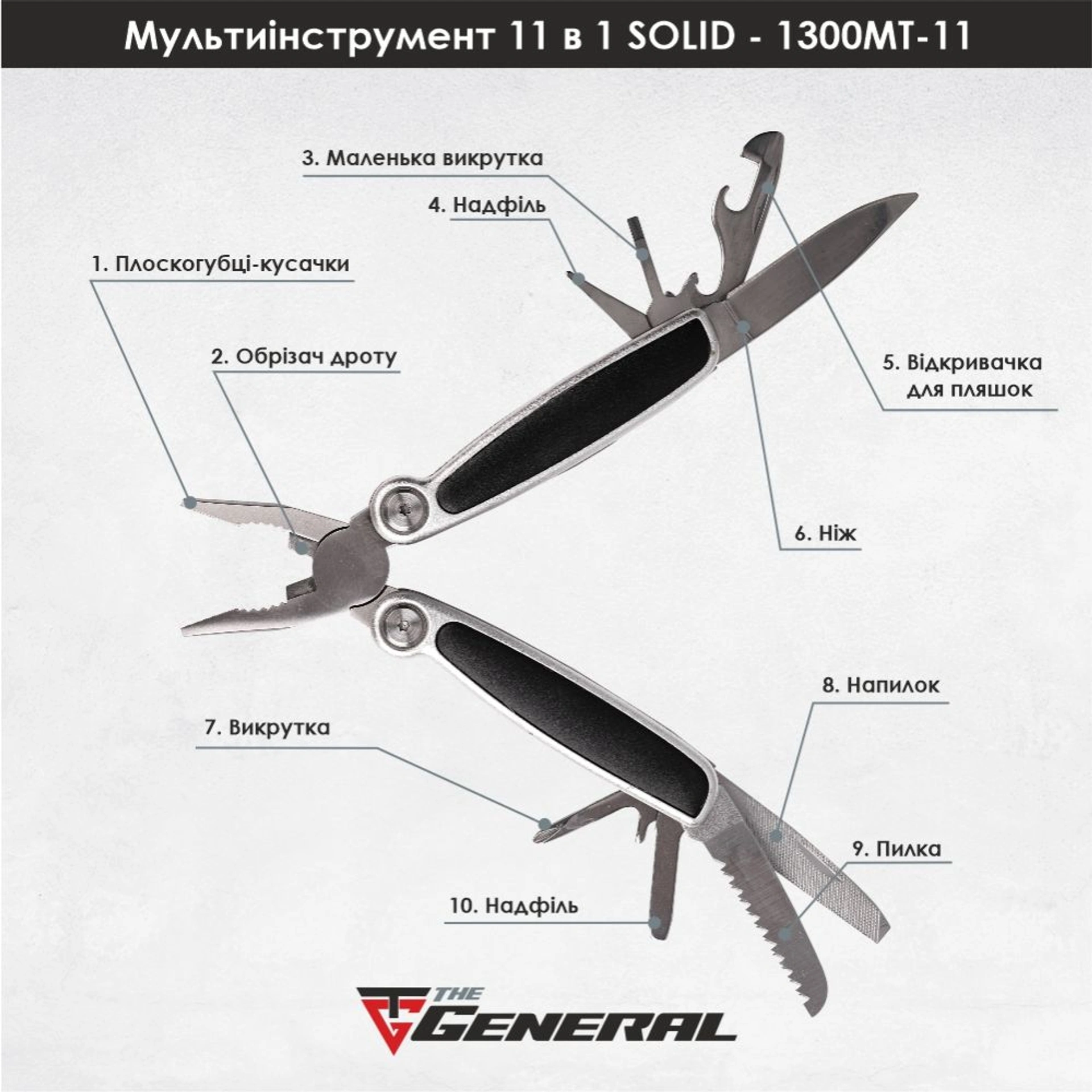 Мультитул 11в1 TheGeneral Solid, 100 мм, в чохлі - Графітовий