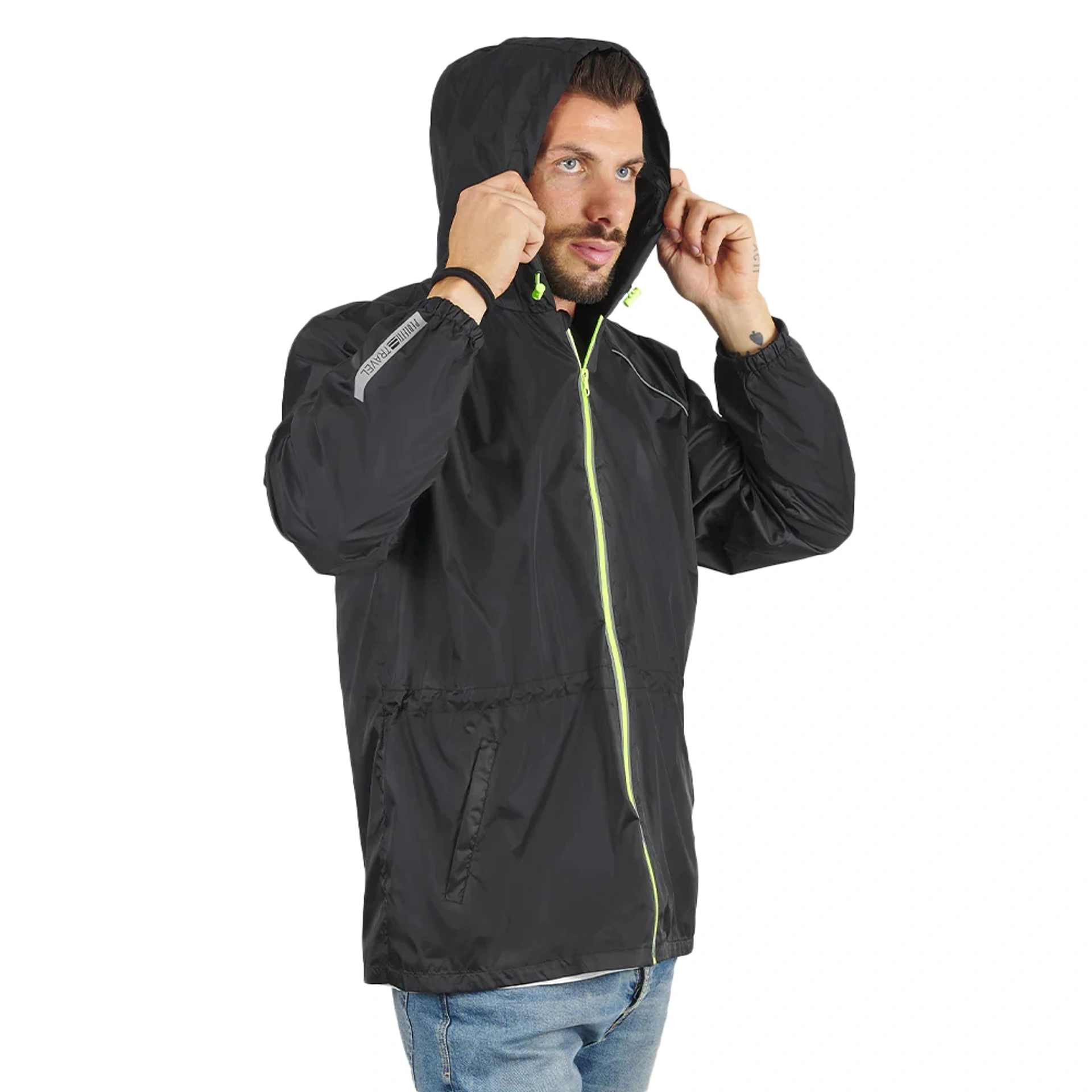 Вітровка чоловіча Perletti Windbreaker зі світловідбиваючими еламентами та чохлом - Чорний / лайм / L