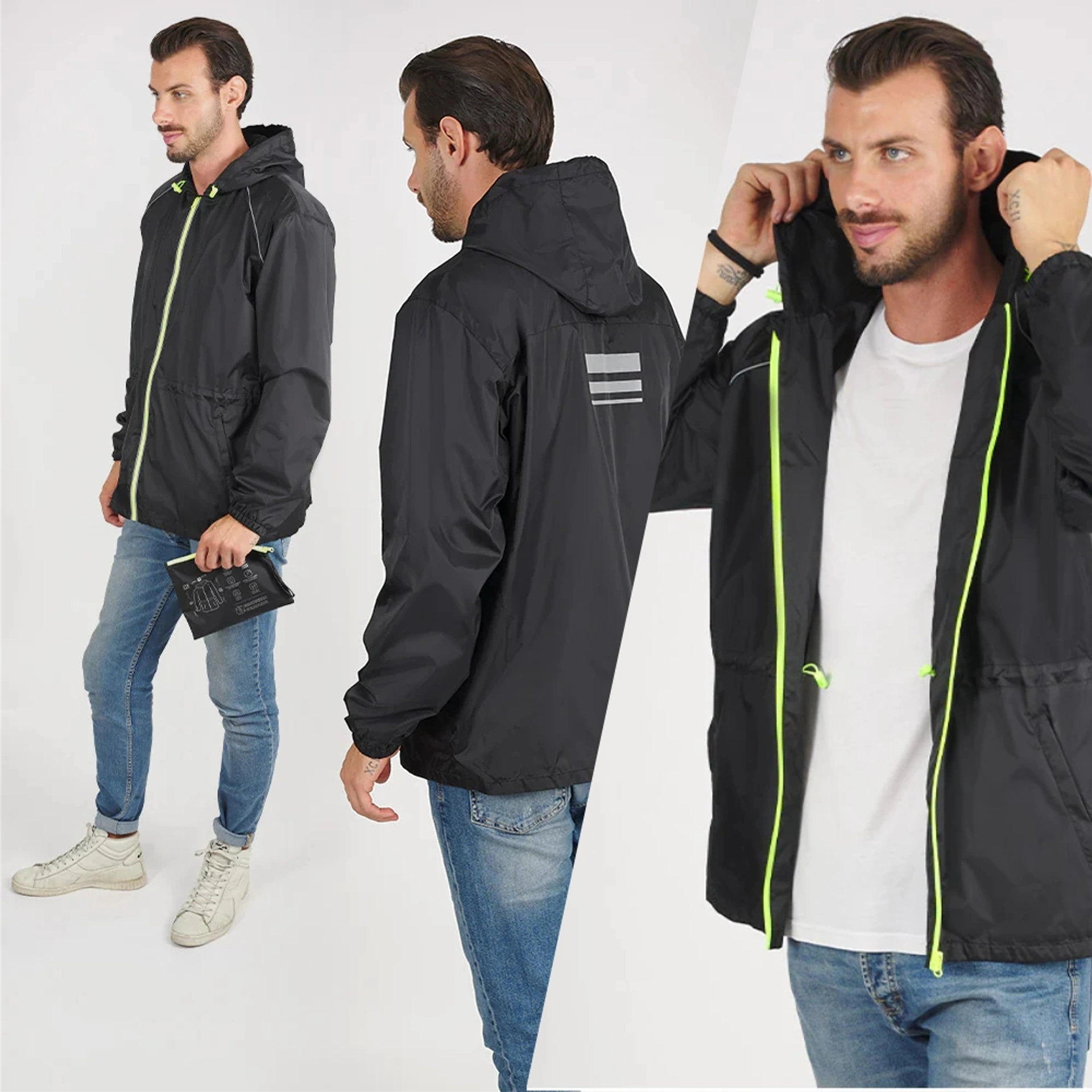 Вітровка чоловіча Perletti Windbreaker зі світловідбиваючими еламентами та чохлом - Лайм / чорний / L