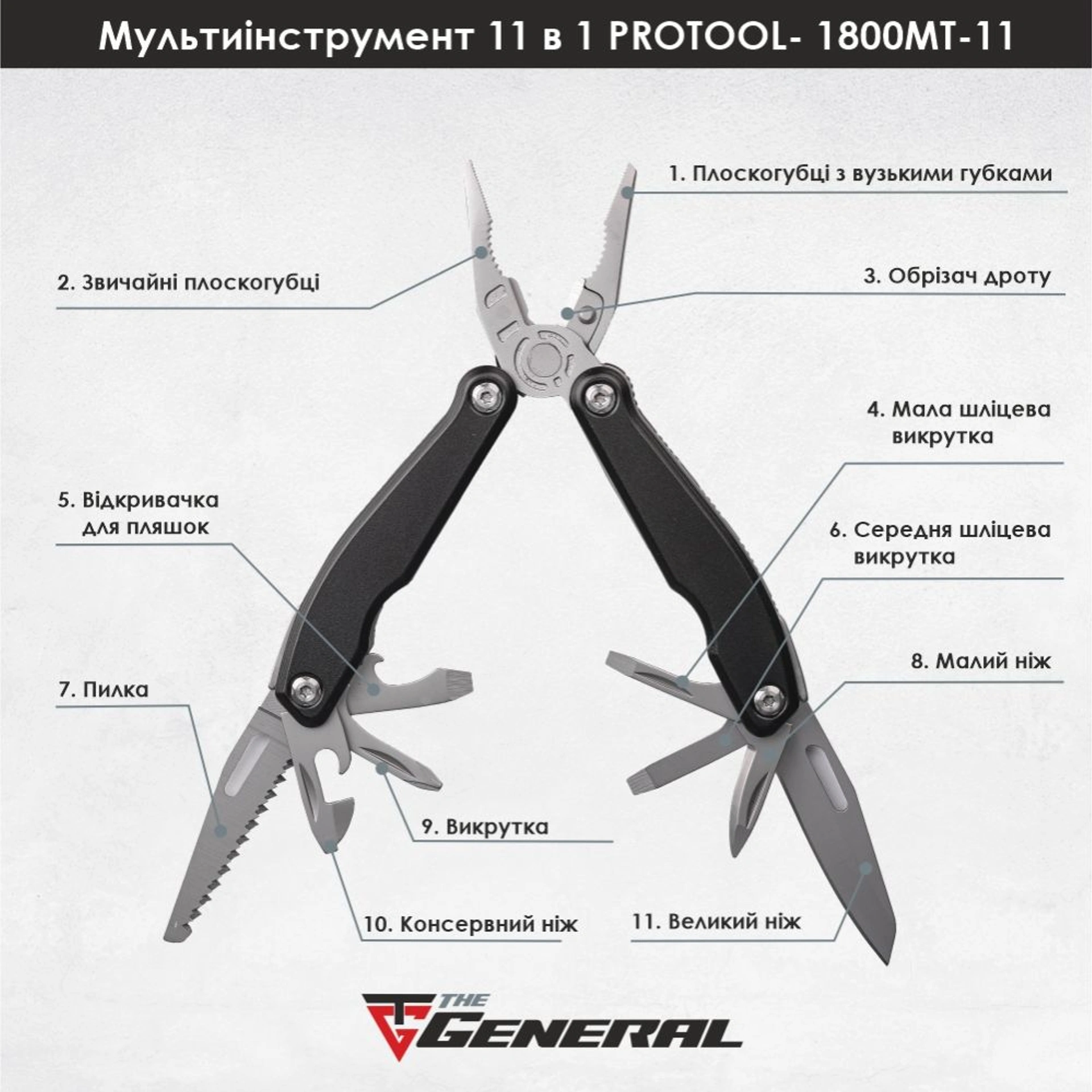 Мультитул 11в1 TheGeneral Protool, 100 мм, в чохлі - Графітовий