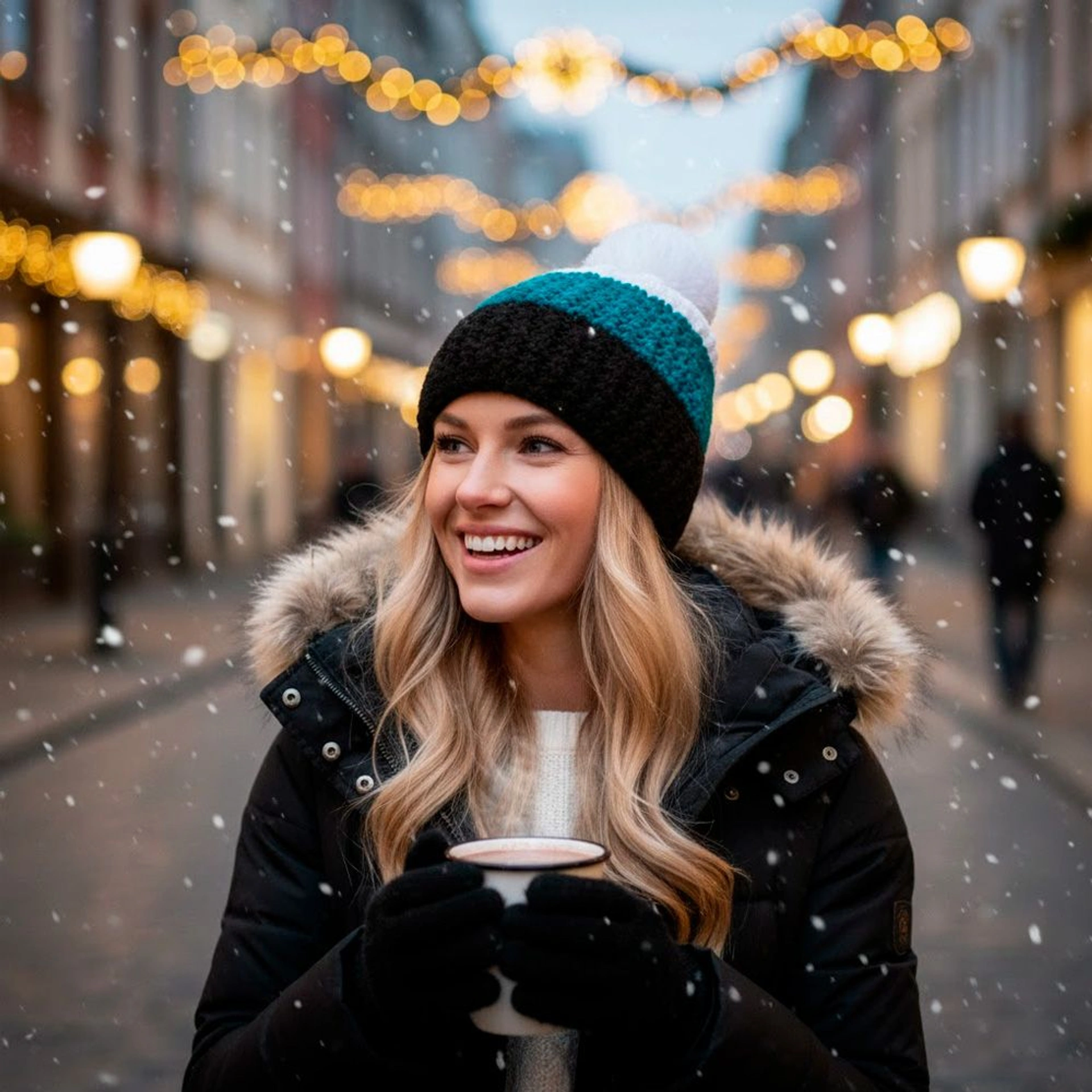 Шапка coFEE Cable knit - Чорний / темно-бірюзовий / білий