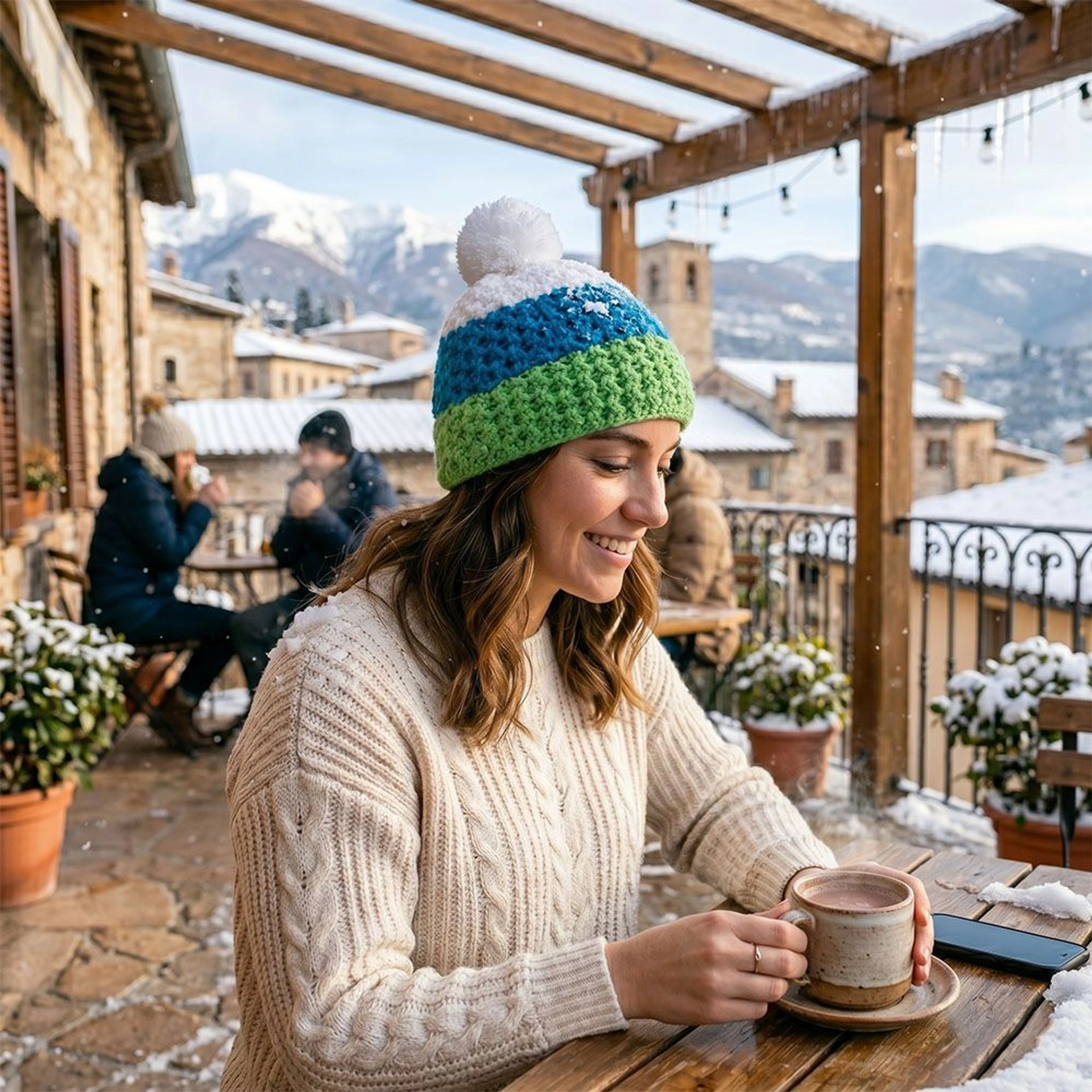 Шапка coFEE Cable knit - Яскраво-зелений / бірюзовий / білий