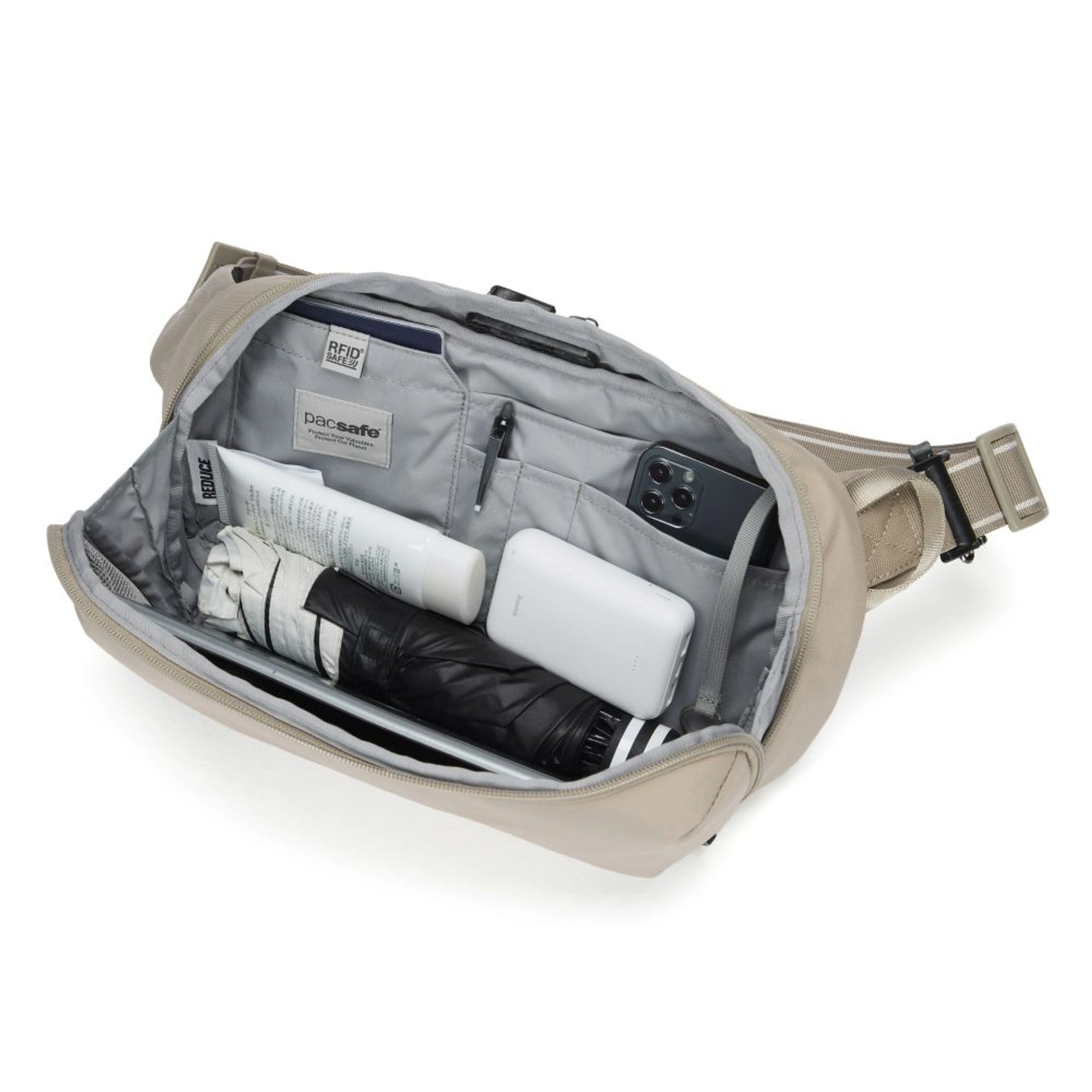 Сумка через плече антизлодій Pacsafe V Urban Sling - Бежевий / чорний