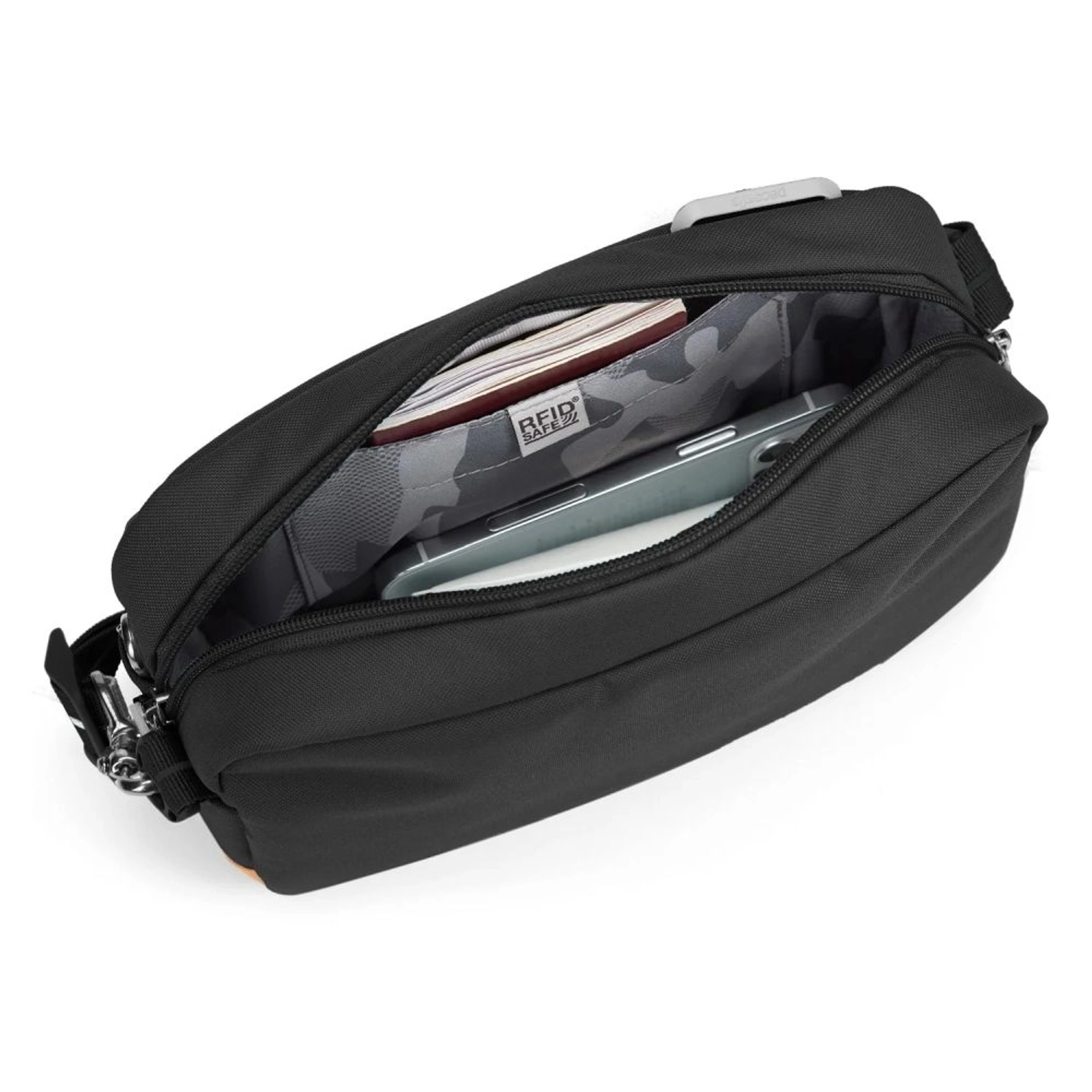 Сумка через плече антизлодій Pacsafe GO Crossbody - Чорний / помаранчевий