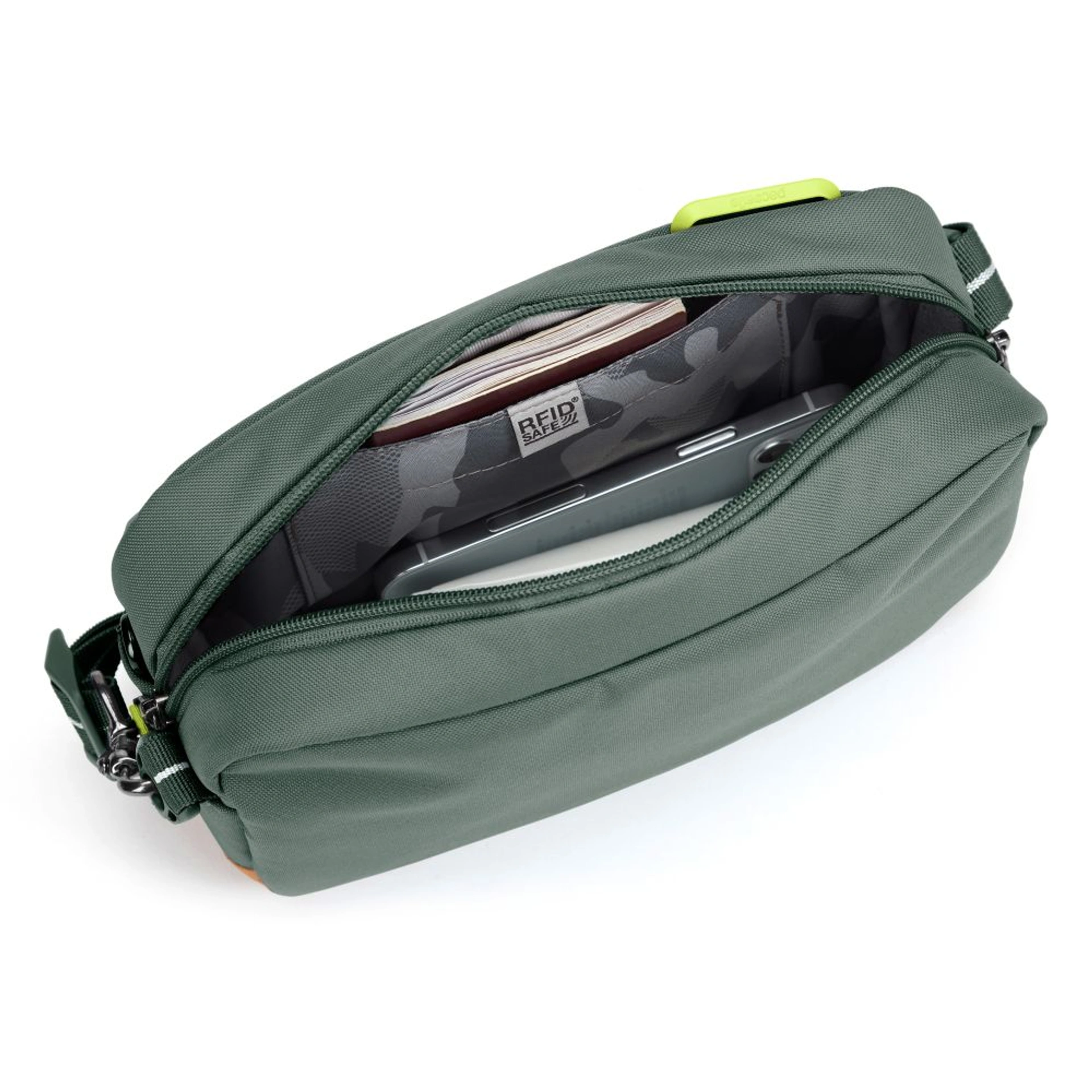 Сумка через плече антизлодій Pacsafe GO Crossbody - Темно-зелений / помаранчевий