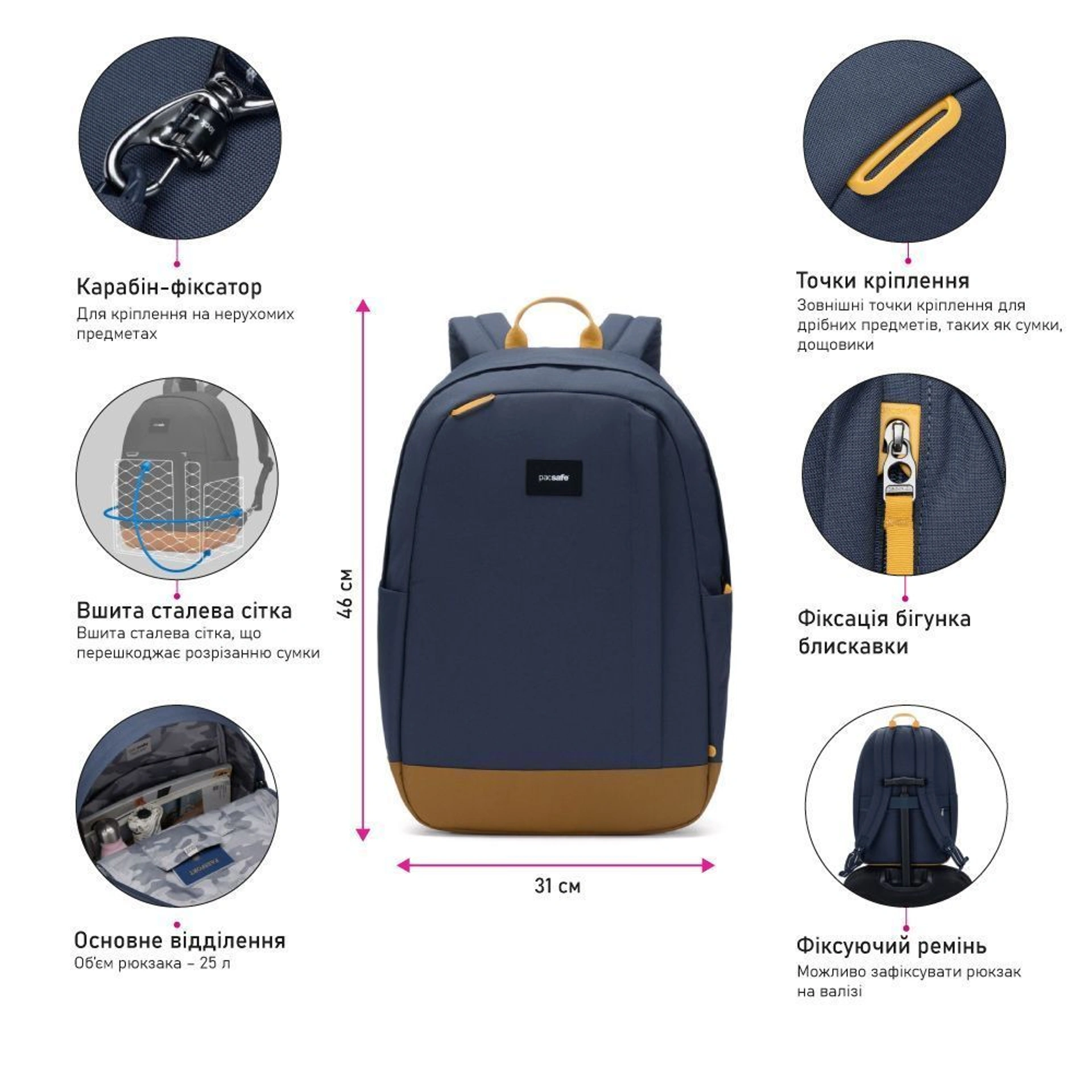 Рюкзак міський антизлодій Pacsafe GO 25 - Темно-синій / жовтий