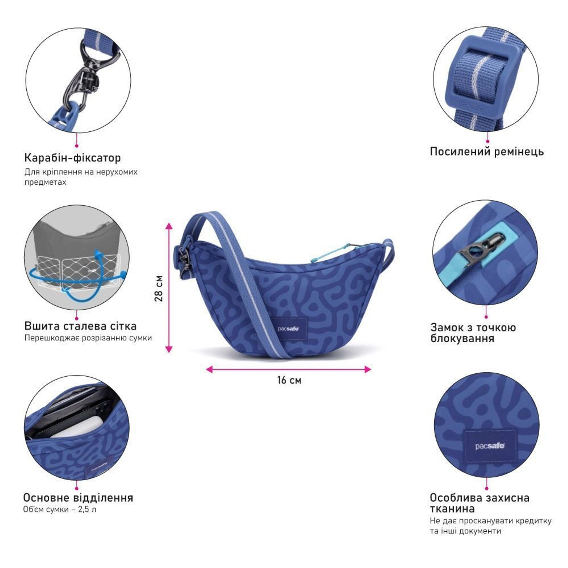 Сумка через плече антизлодій Pacsafe GO Lunar Crossbody - Небесно-блакитний