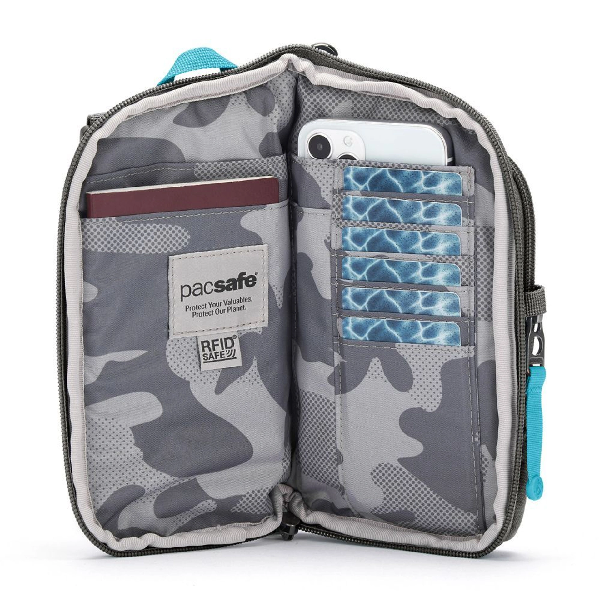 Сумка через плече антизлодій Pacsafe GO Tech Crossbody - Сірий / блакитний