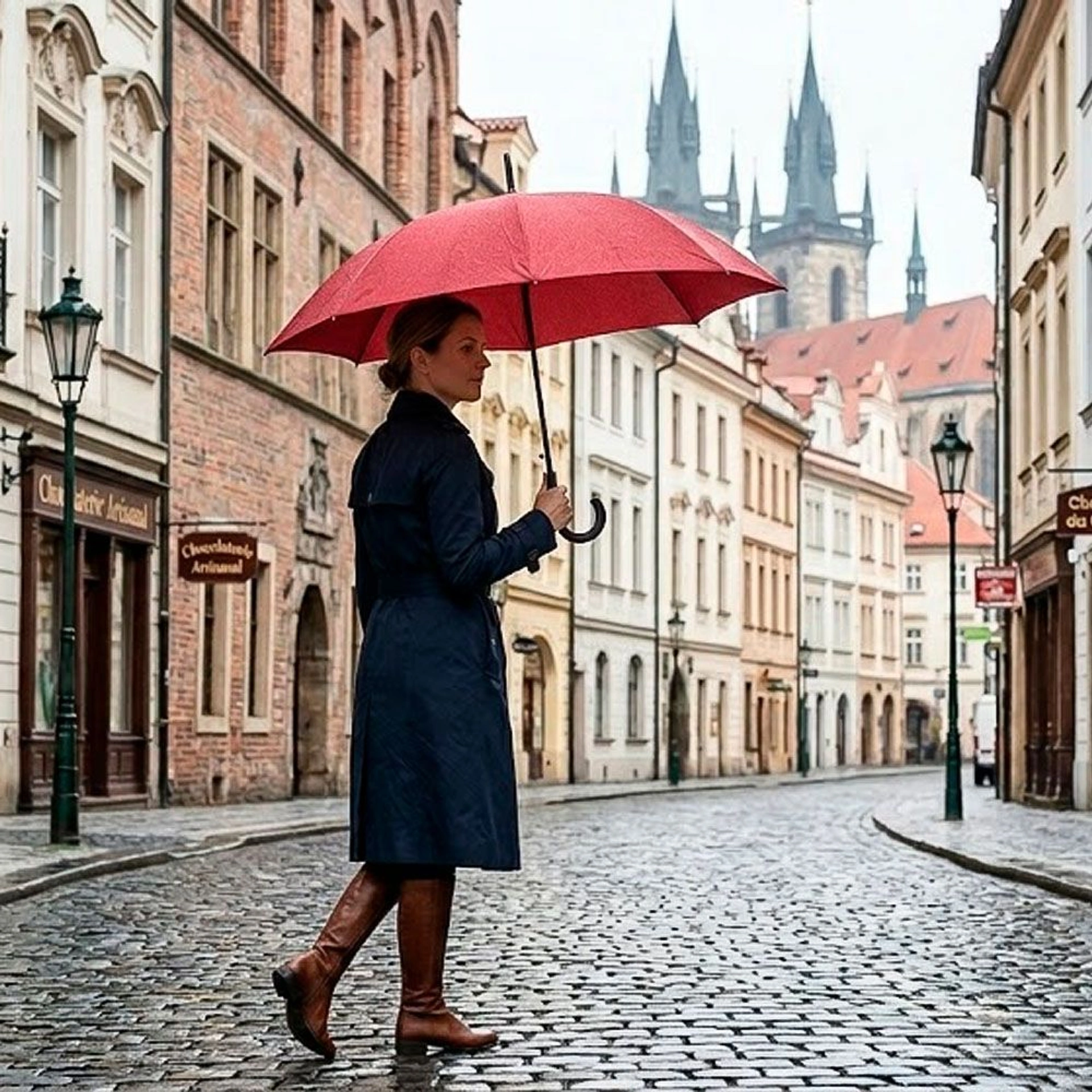 Line Art Status Semi-Automatic Walking Stick Umbrella - Red