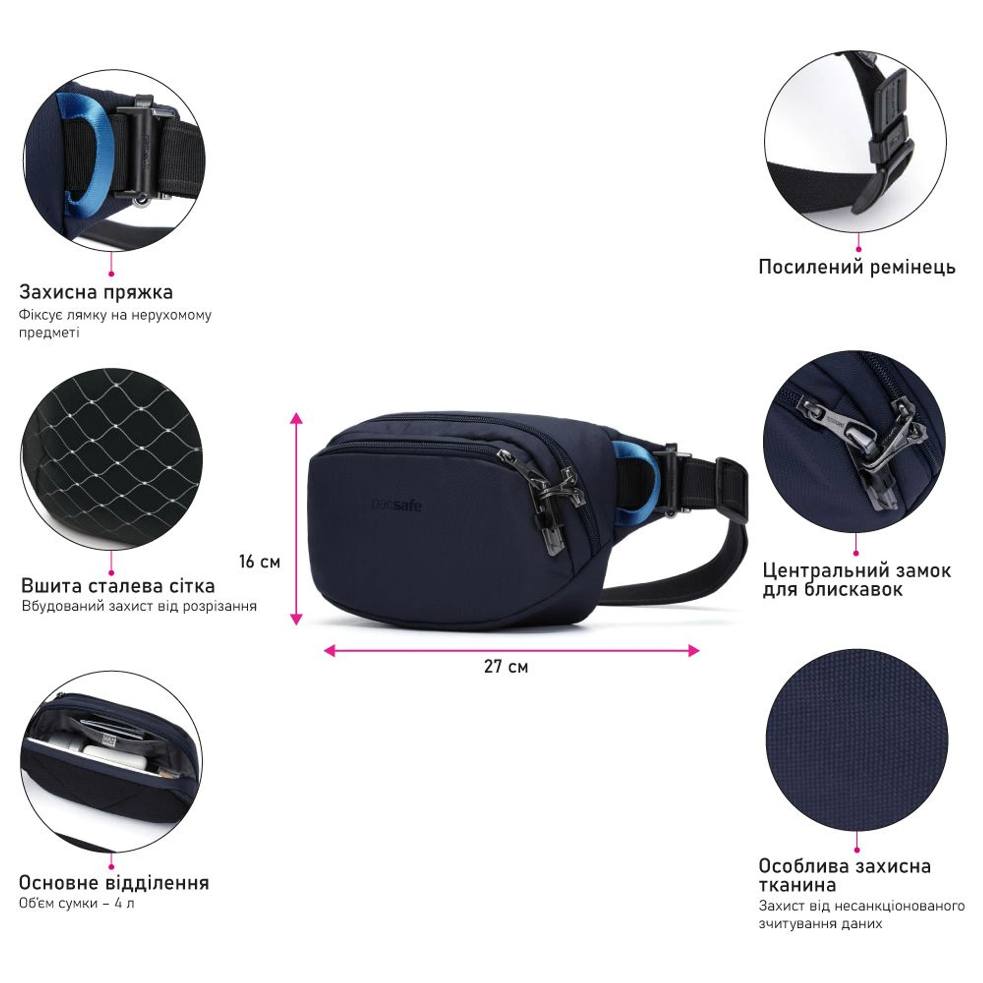 Сумка на пояс антизлодій Pacsafe V Hip Pack - Темно-синій