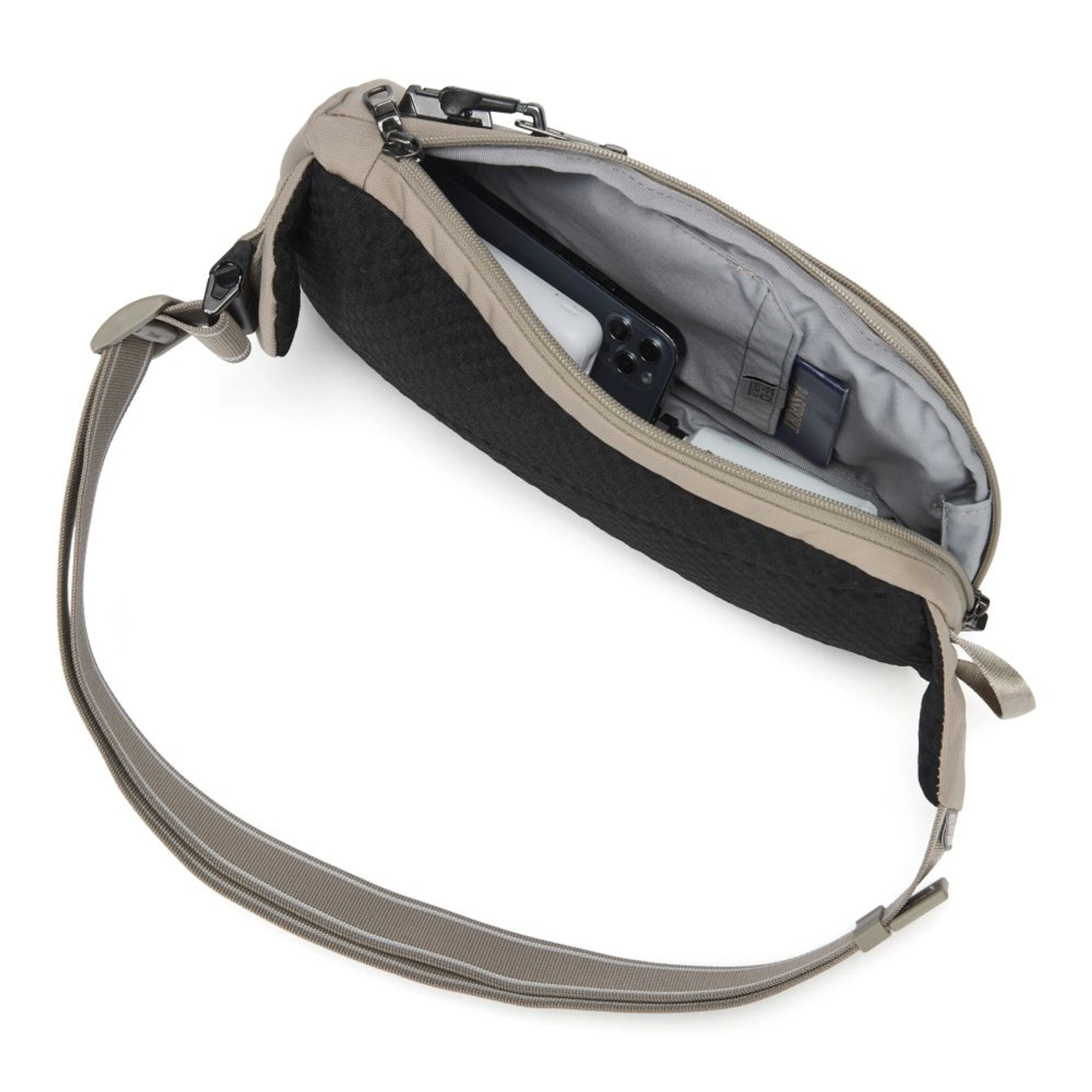 Сумка через плече антизлодій Pacsafe V Action Sling - Бежевий / чорний