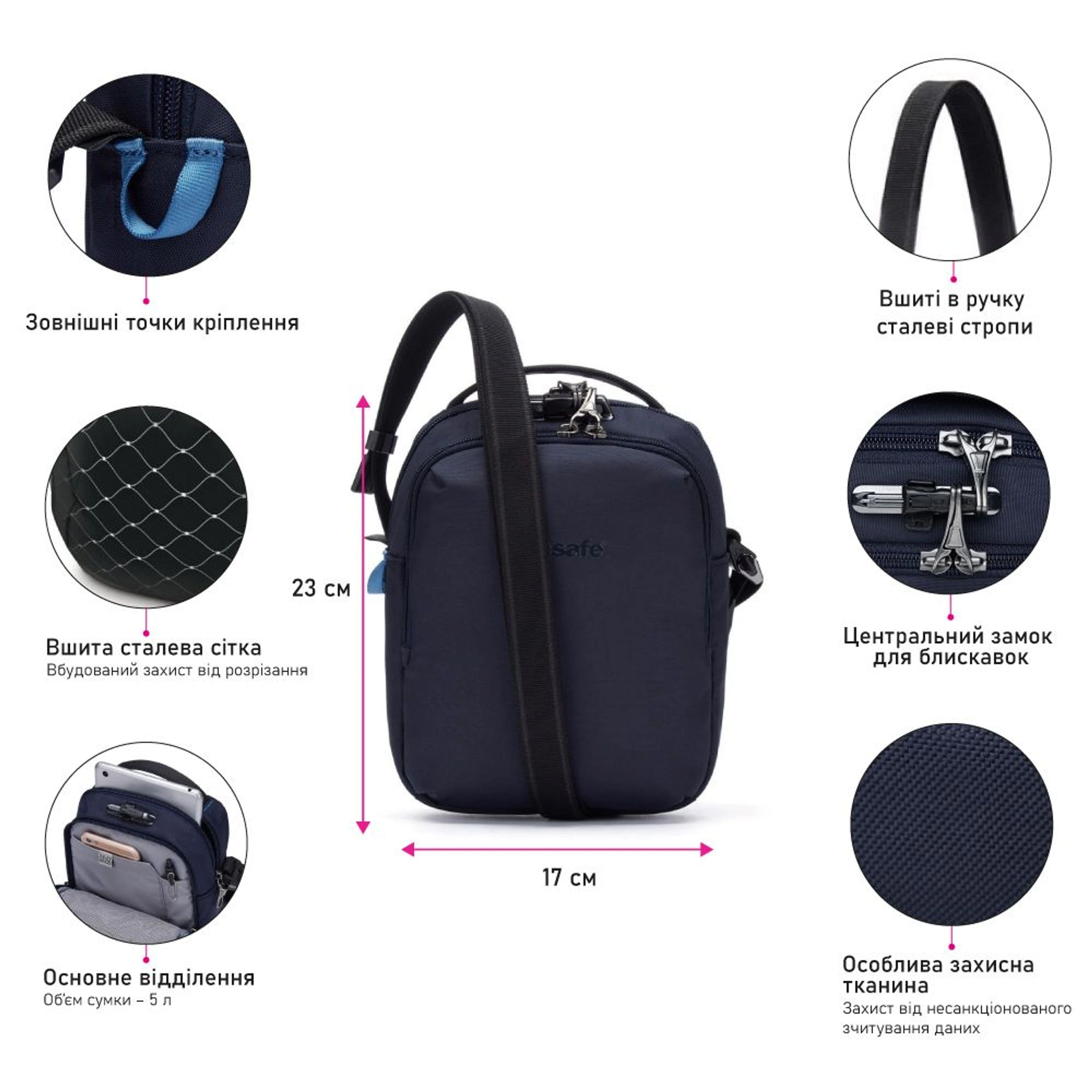 Сумка через плече антизлодій Pacsafe V Companion Crossbody - Темно-синій