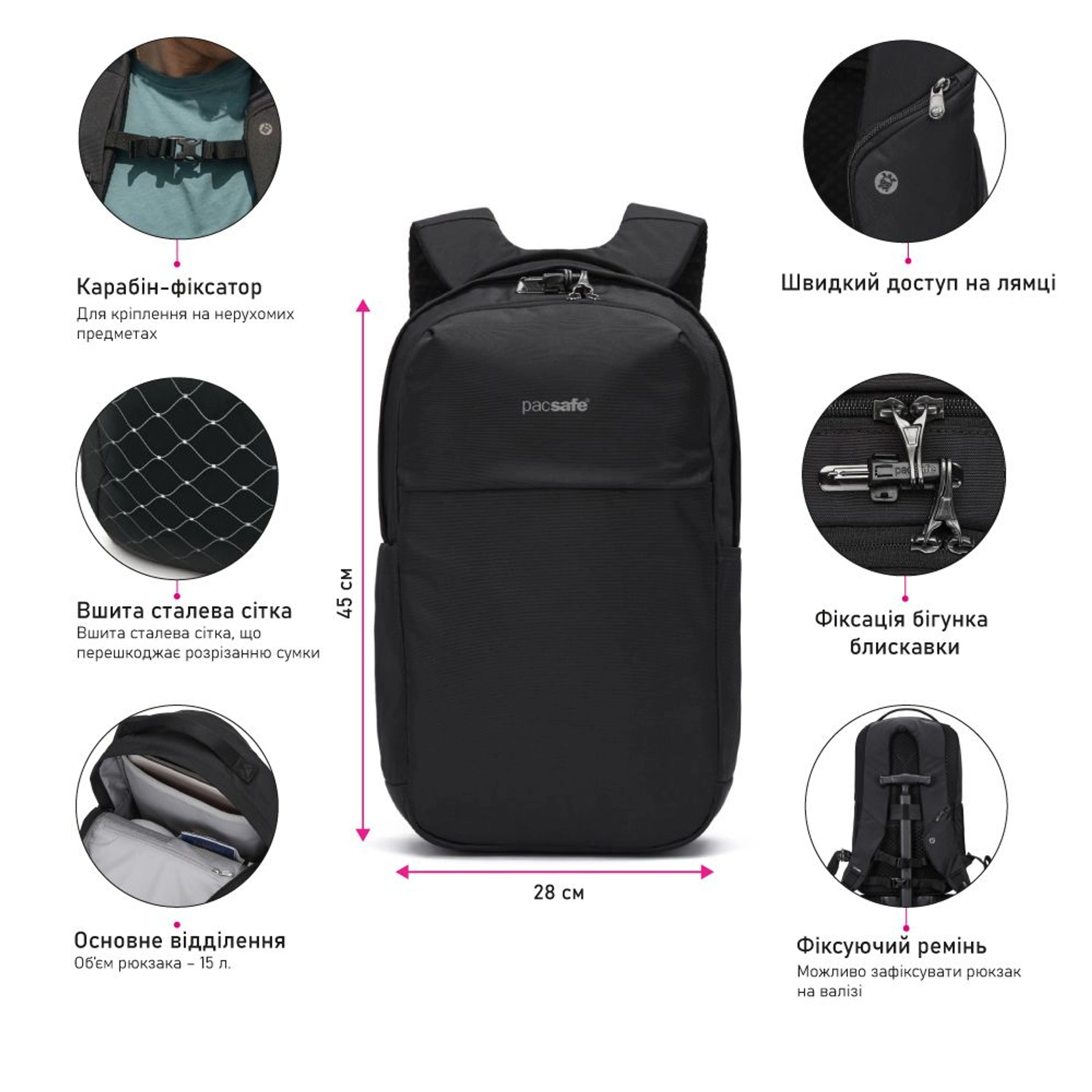 Рюкзак міський антизлодій Pacsafe V20 - Чорний