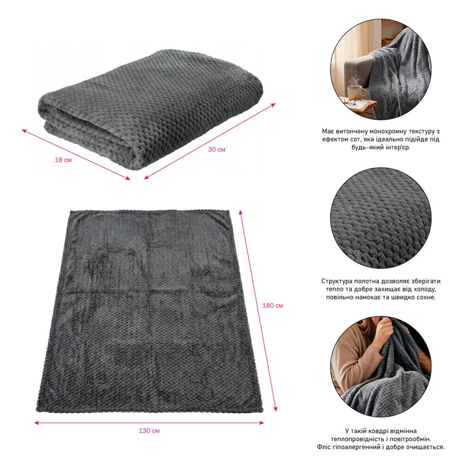 Плед флісовий Soft Me Diamond 130х180см - Чорний