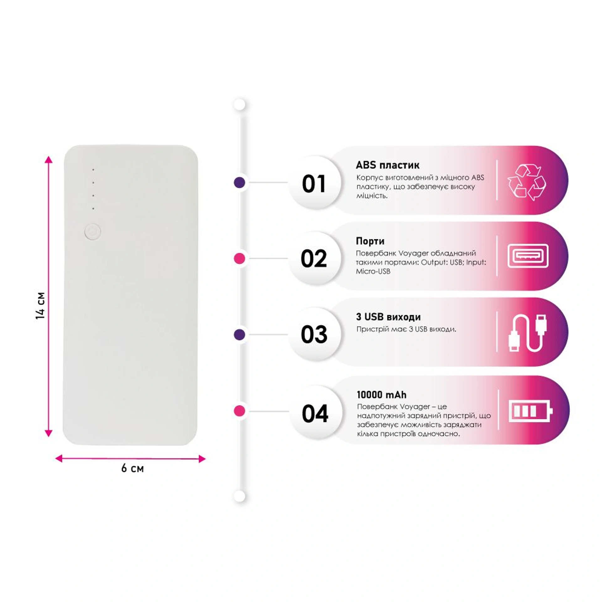 Повербанк 10000 mAh Voyager, світлодіодний індикатор - Білий