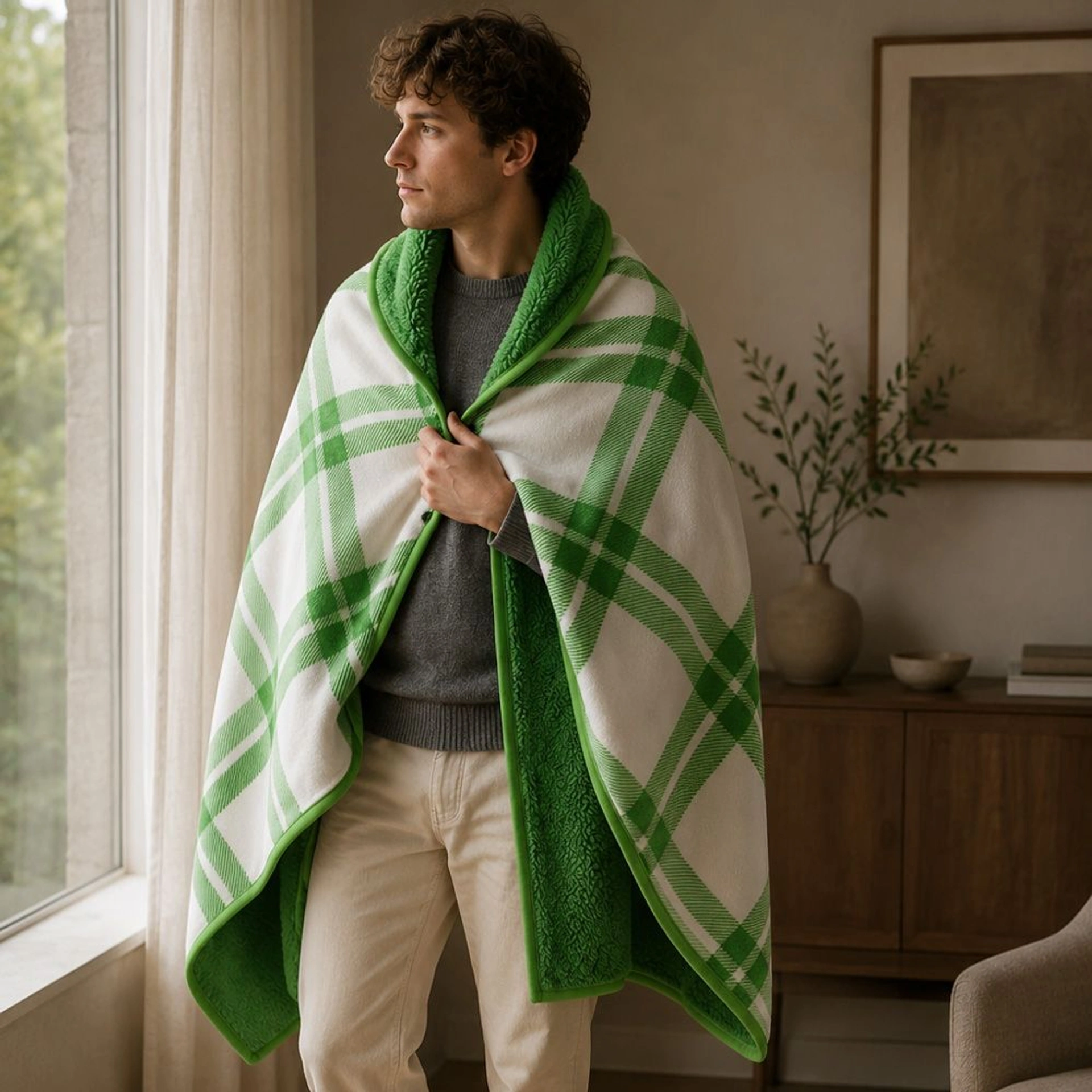 Плед-пончо флісовий Soft Me Poncho L 100х140см - Зелений / білий